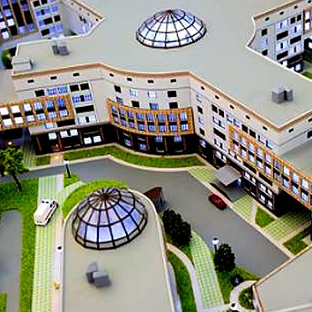 Aerial view of a commercial campus model