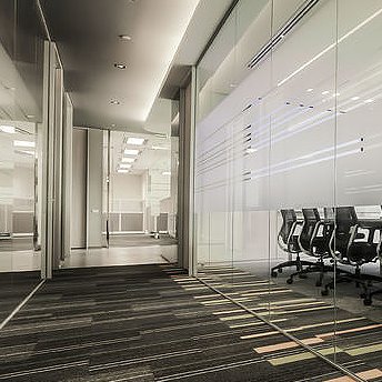 Glass-walled office interior with conference room